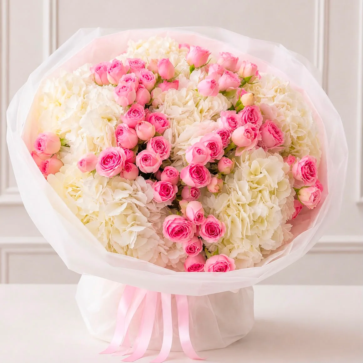 Emirati Women’s Day flower bouquet with white hydrangeas and pink spray roses for elegant gifting in UAE